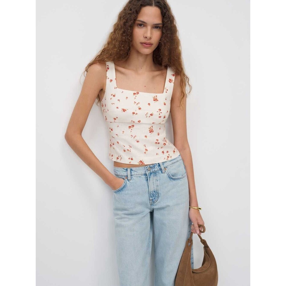 NEW REFORMATION Clarence Lovie Linen Top Ivory Floral Square-Neck Tank